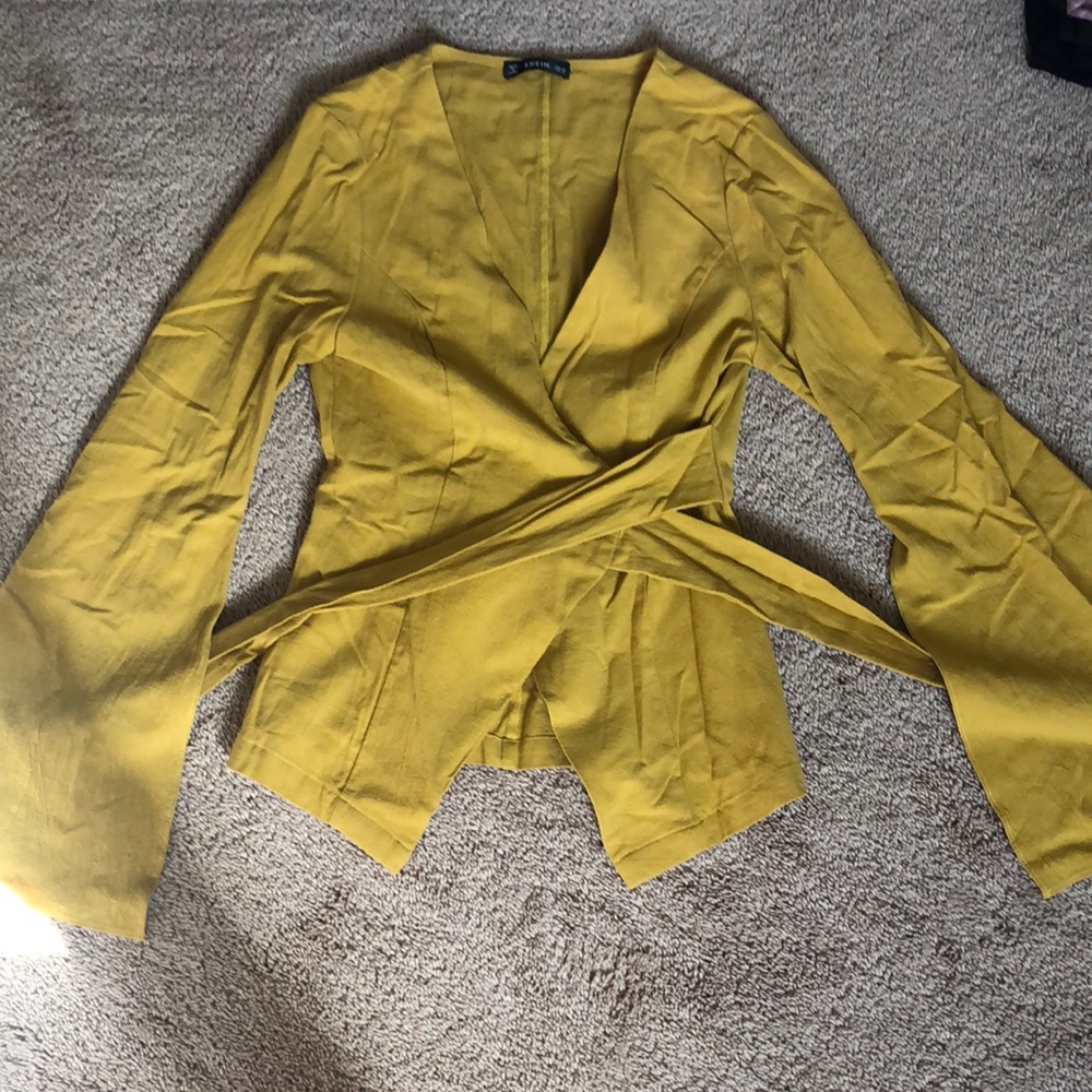 Mustard yellow cross tie front long sleeve bell bottom top